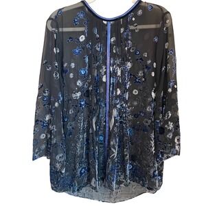 Elie Tahari Orion Silk Velvet Burnout Blouse Size XL Leather Accents Floral